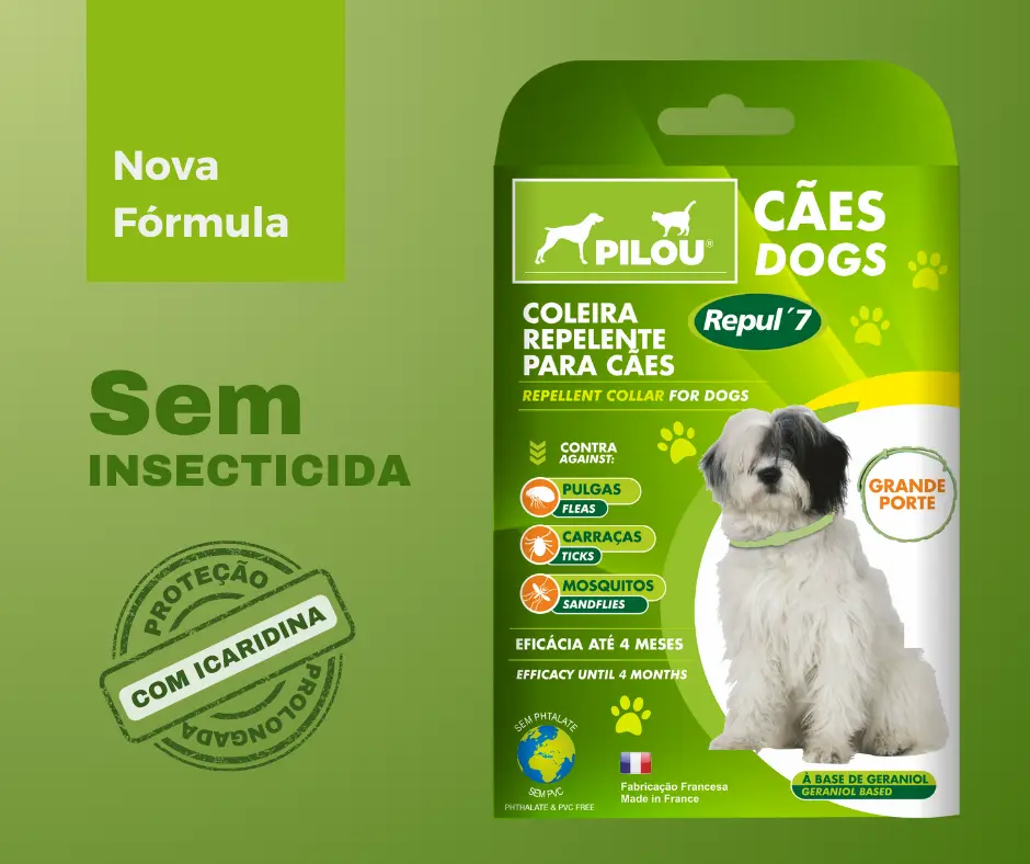 embalagem verde da coleira repelente 'Pilou Repul 7' para cães de grande porte, mostrando um cão usando a coleira. Texto bilíngue destaca eficácia contra pulgas e carraças por 4 meses, fabricação francesa, base de geraniol, sem inseticidas, ftalatos ou PVC, e proteção prolongada com Icaridina